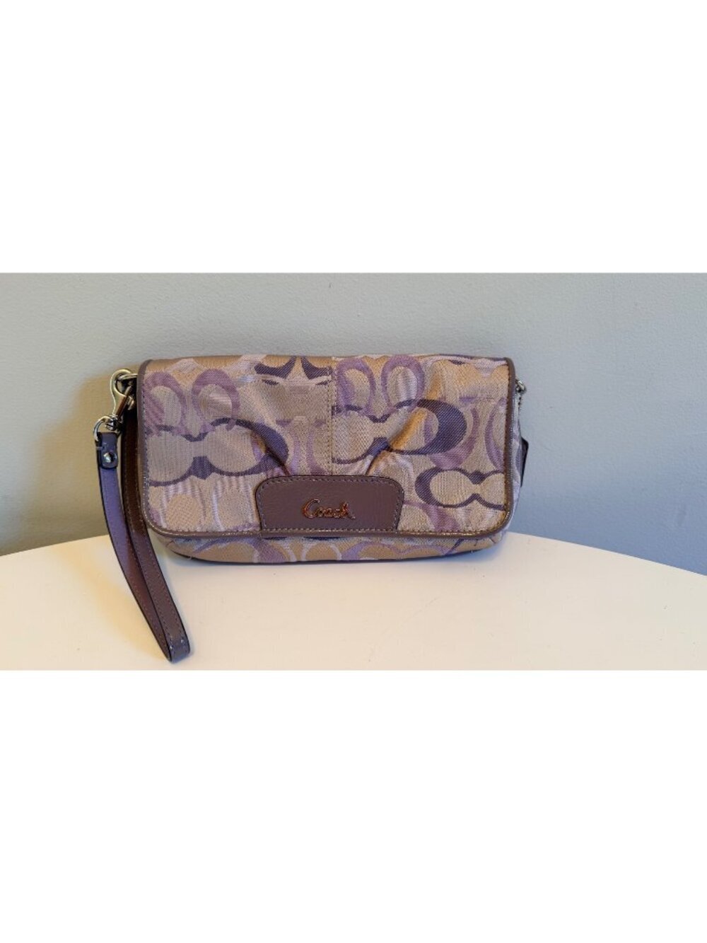 Coach Large Flap Wristlet Clutch Beige & Purple Signature C Logo Pattern